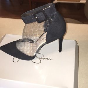 New black kid suede heels
